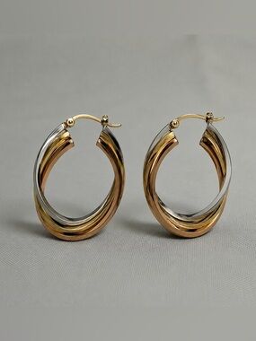 14K Tri Color Gold Oval Crossover Polished Hoop Earrings Vintage Estate 1.25 in